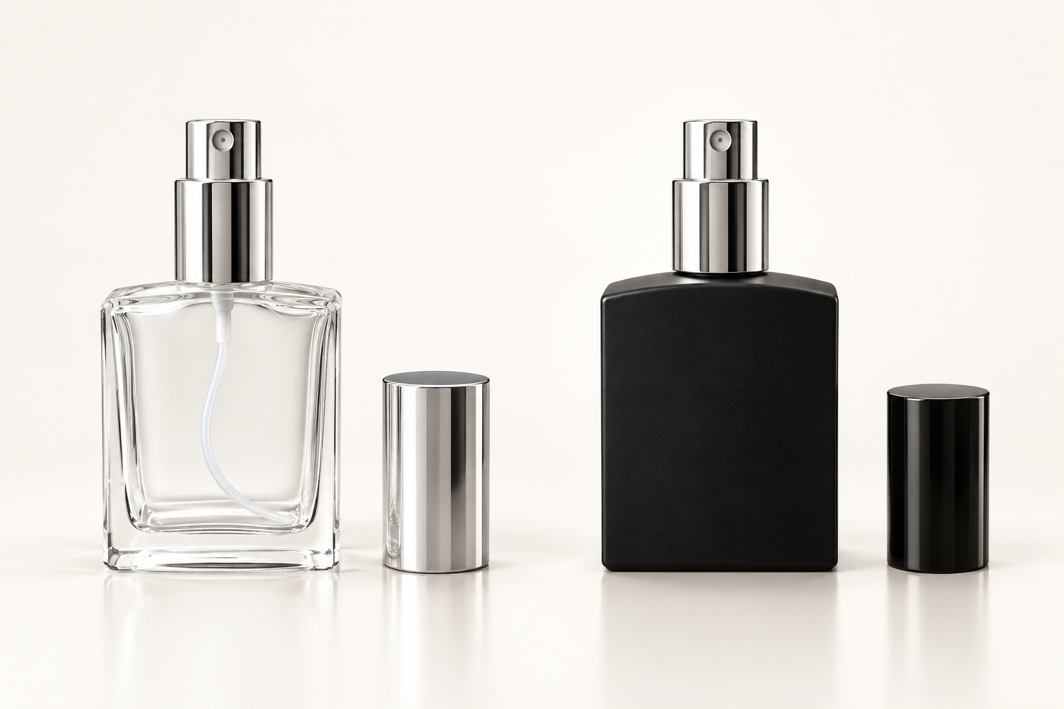 Two perfume bottle and pump sets with matching caps shown separately