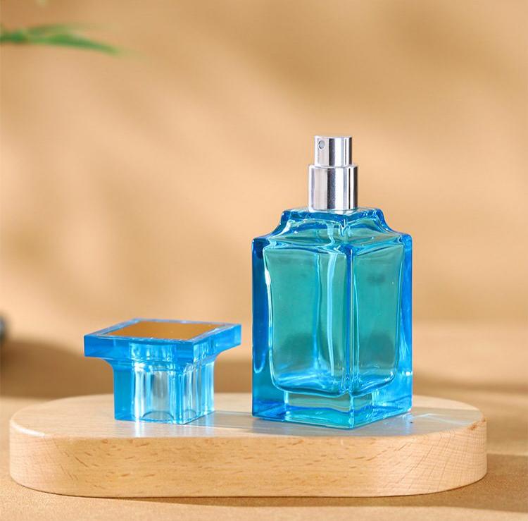 Wholesale 50ml Translucent Blue Square Glass Perfume Bottle